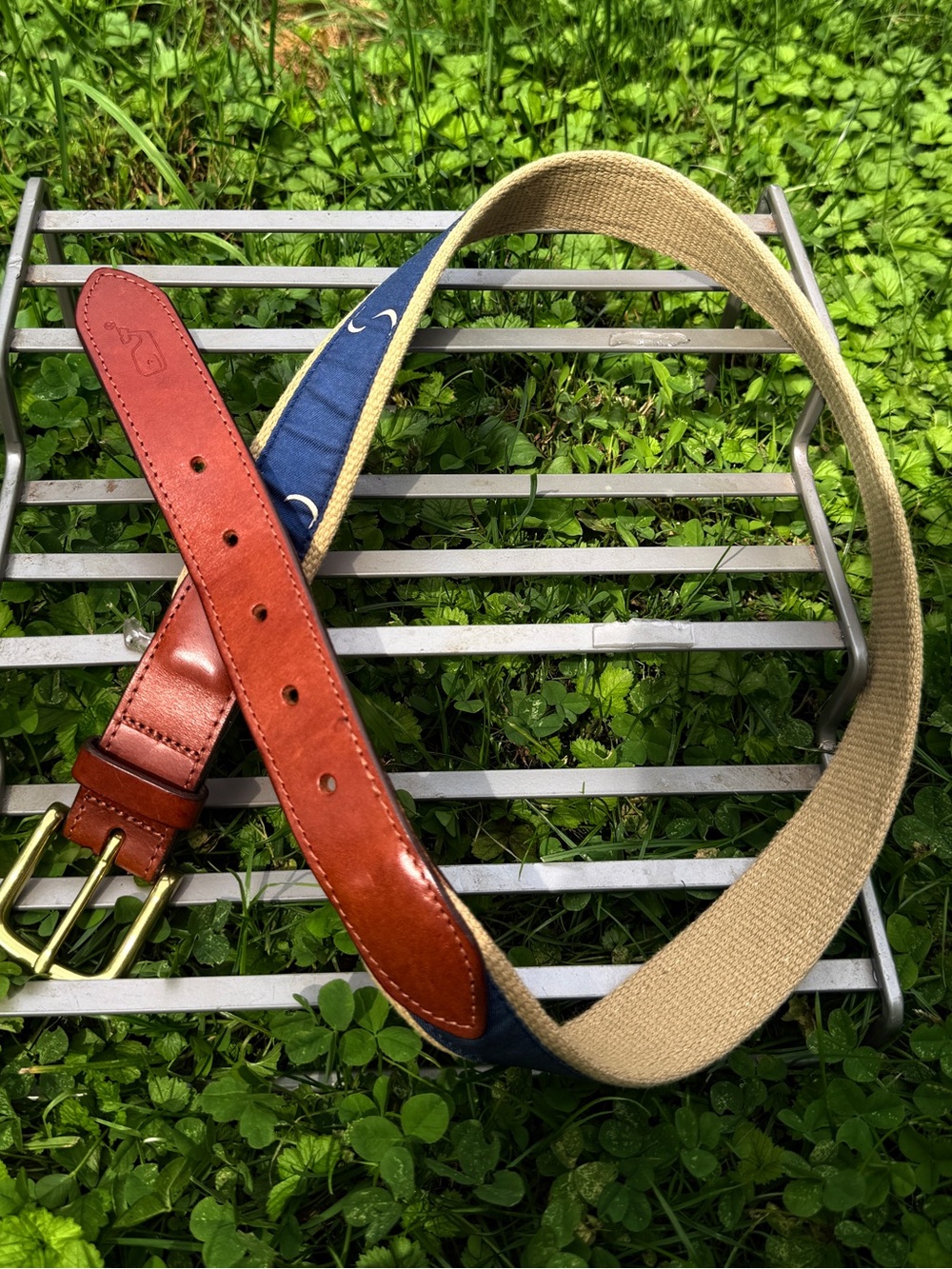 Woven Canvas Belt with Brown Leather Trim and Brass Buckle - Blue Accent